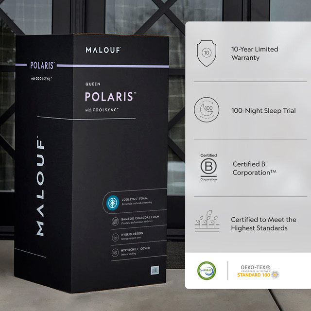 10 year warranty, 100 night sleep trial, material certified, certified b corp